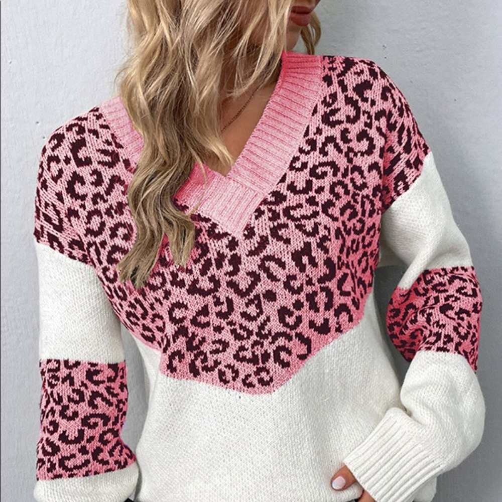 Leopard Color Block V-Neck Ribbed Trim Sweater - Picture 5 of 10